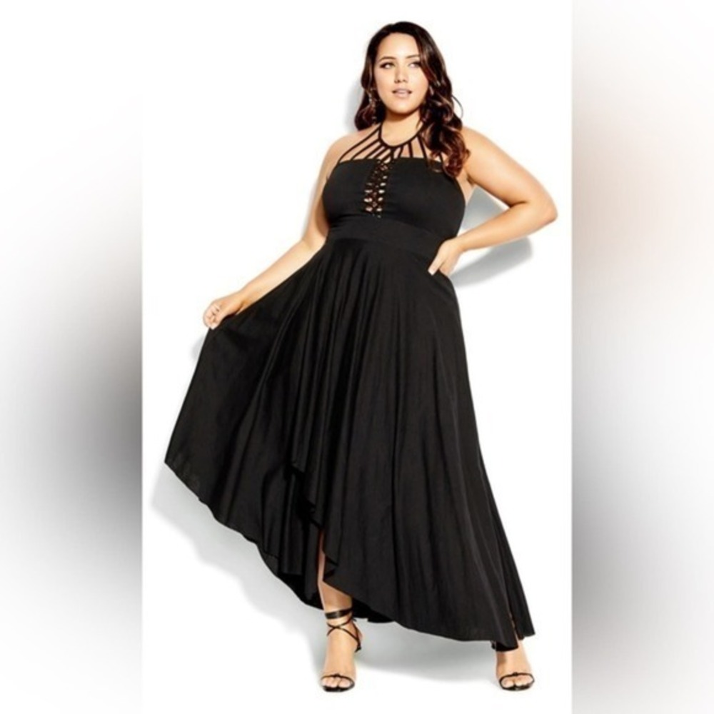City Chic Plait‎ Detail Strappy Solid Black Maxi Dress Size 16 NWOT
